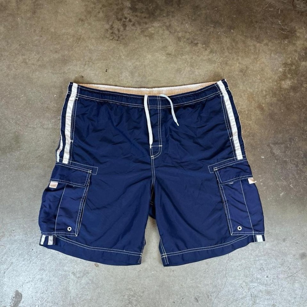 Vintage y2k ocean pacific Navy blue swim trunks with white stripes Men's L